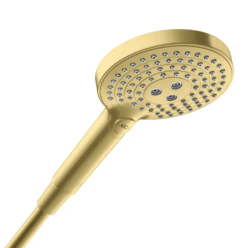 Handbrause mit runder Kopfplatte in gebürstetem Messing, ausgestattet mit mehreren Düsen. Produkt von AXOR, geeignet für die Installation in Duschen.